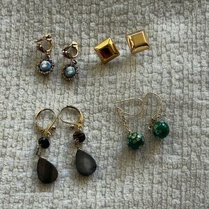Vintage Earrings Set 4 pairs Floral Cameo Clip Earrings Square Stud Gold Brown